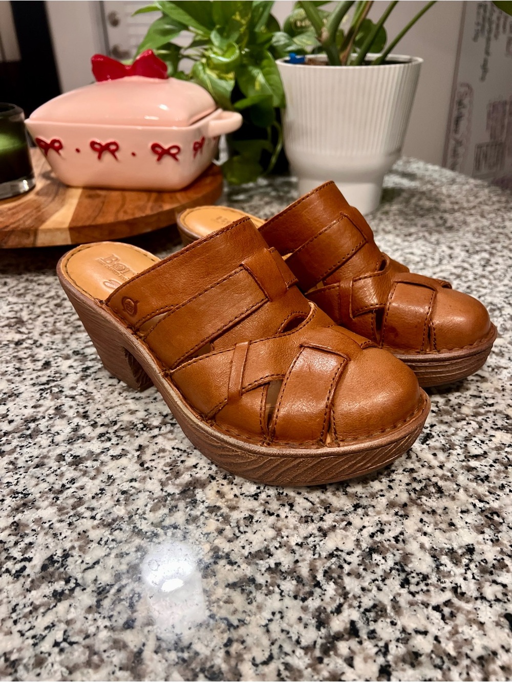 Born Women's Cognac Leather Woven Mule Clogs